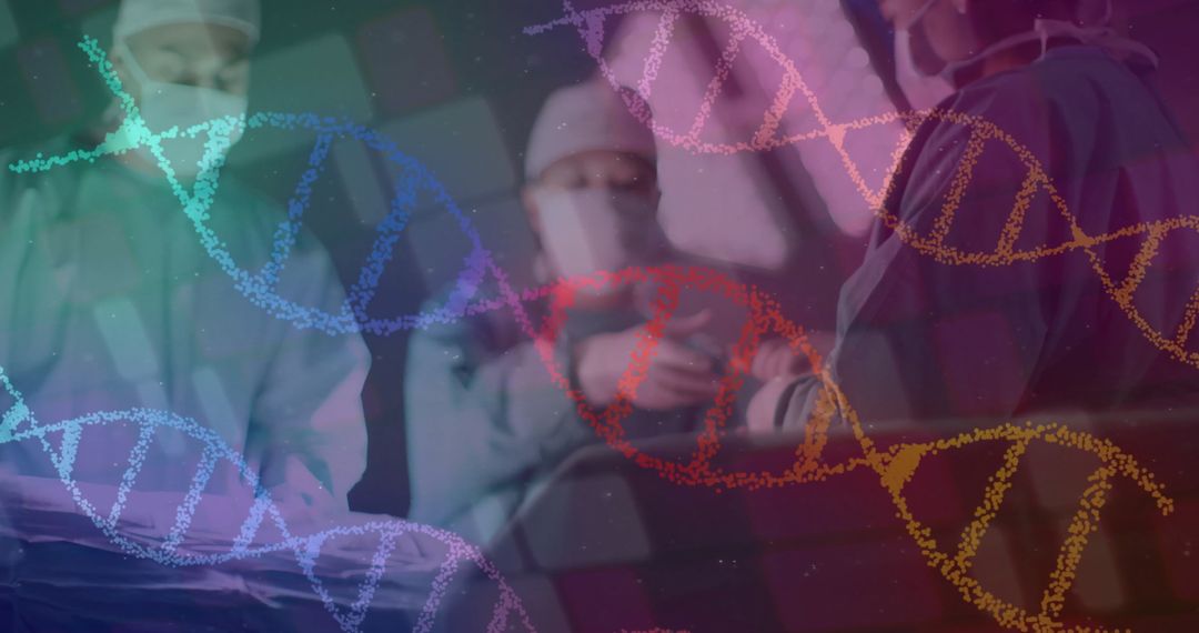 Diverse Surgeons and Overlay of DNA Strands Highlighting Medical Advances