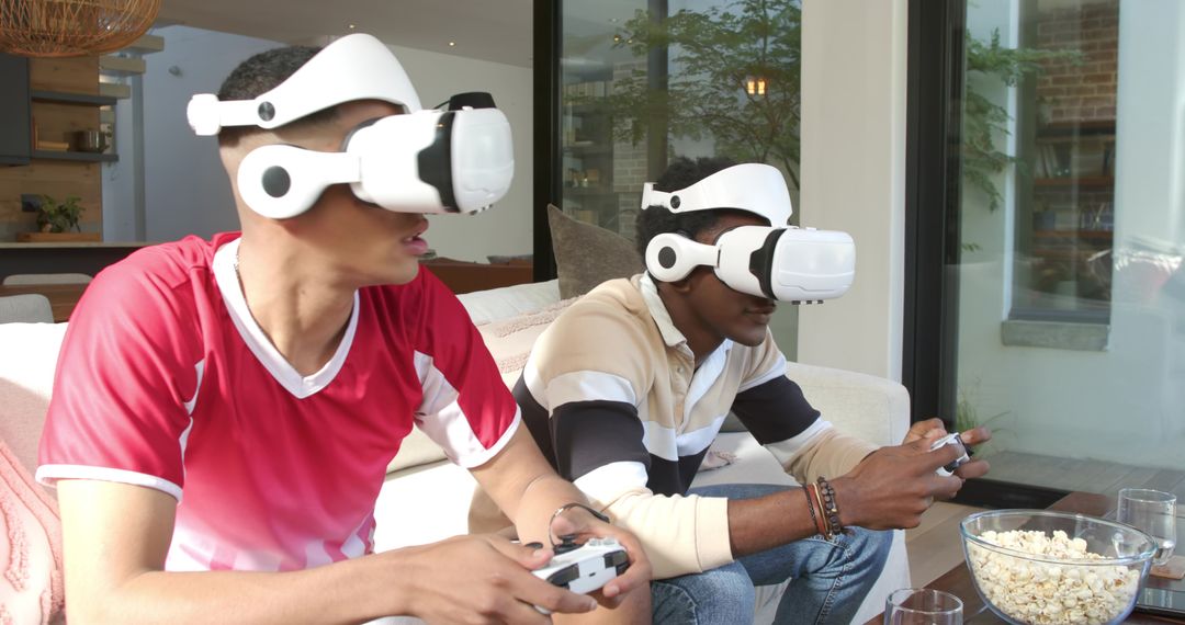 Men Immersed in Virtual Reality Gaming at Home