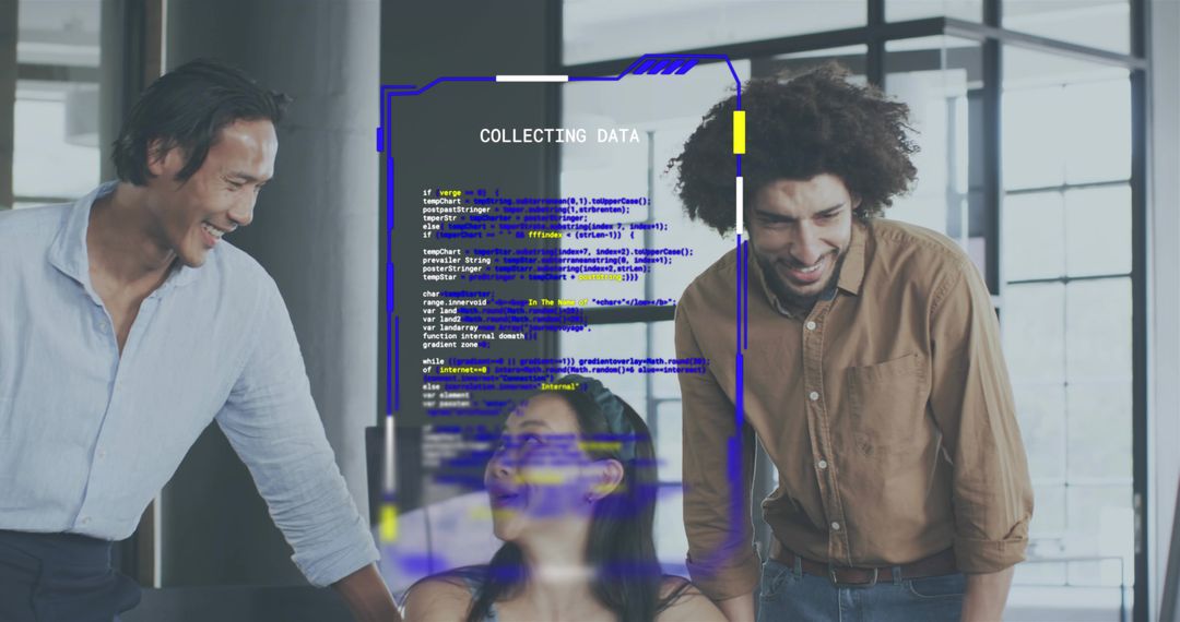 Diverse team collaborating around laptop with holographic COLLECTING DATA interface in modern office