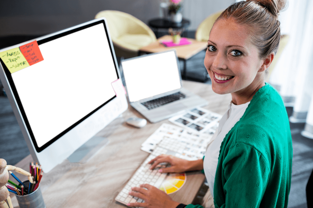 Smiling Businesswoman and Desaturated Transparent Workspace