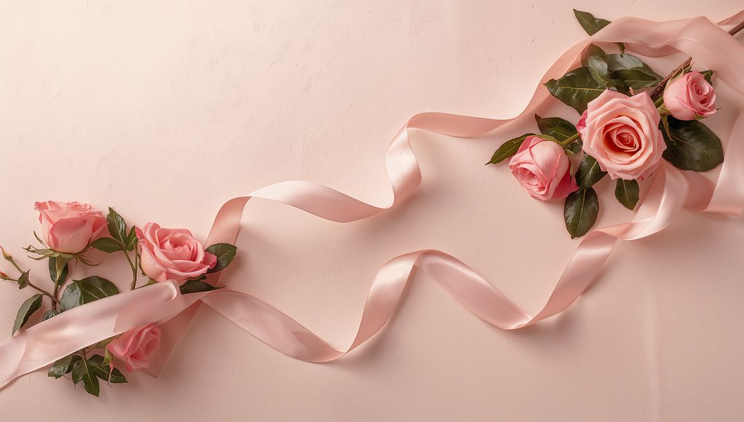 Elegant Composition of Pink Roses and Ribbon on Soft Background