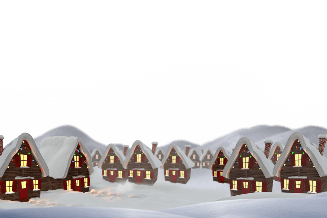 Cozy Cottages with Christmas Lights in Snowy Landscape on Transparent Background
