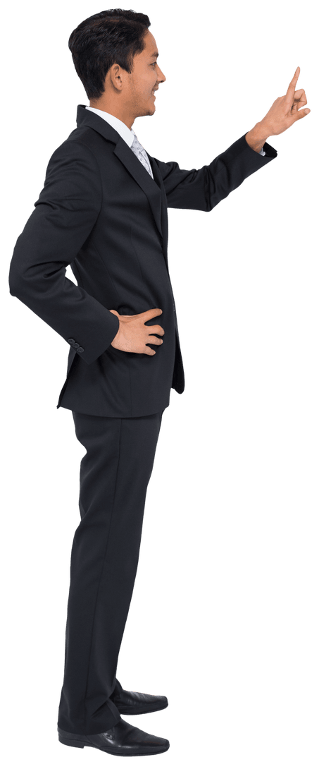 Smiling Asian Businessman Pointing Finger, Transparent Background, Professional Gesture
