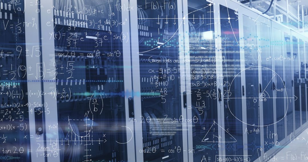 Data Center with Mathematical Equation Overlays Highlighting Modern Infrastructure