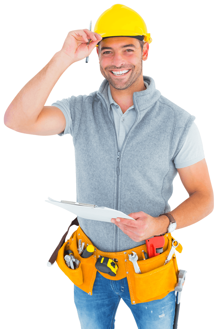 Smiling Manual Worker with Clipboard and Tools Transparent Background - Download Free Stock Images Pikwizard.com