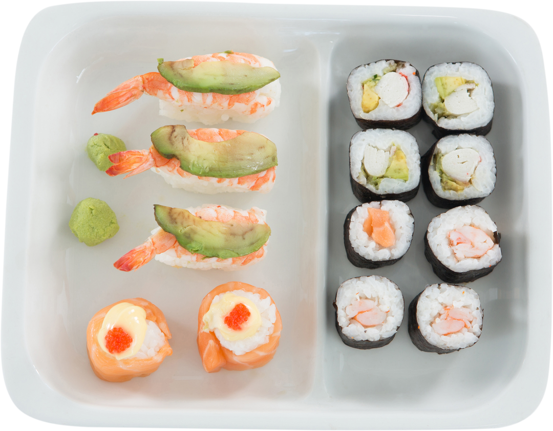 High Angle View of Transparent Plate with Assorted Sushi Pieces - Download Free Stock Images Pikwizard.com