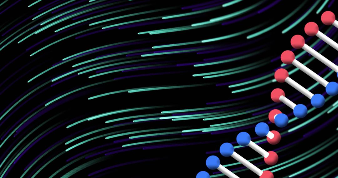 DNA Strand with Digital Swirling Lines on Black Background