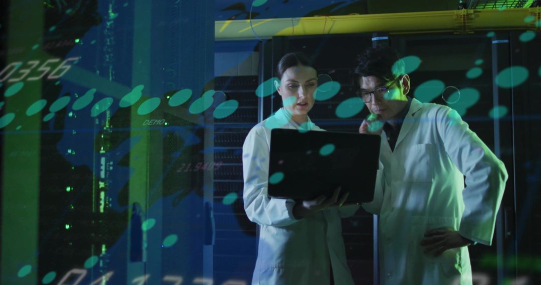 Researchers Analyzing Data on Laptop with Futuristic Holographic Display