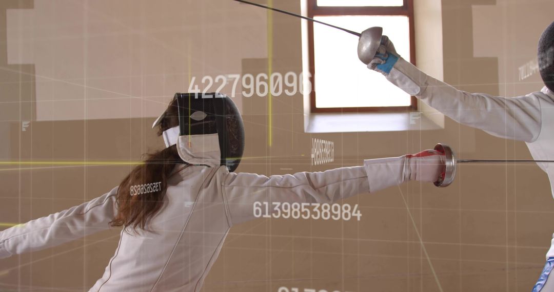Female Fencers in Intense Fencing Duel with Digital Graphics Overlay