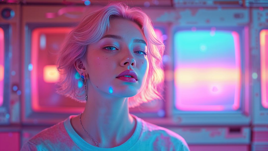 Woman Posing in Futuristic Neon Glow with Cyberpunk Vibes