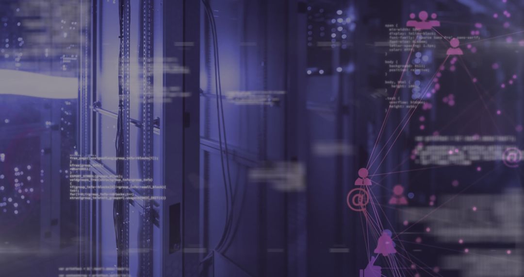 Digital Network Icons and Data Processing in Server Room