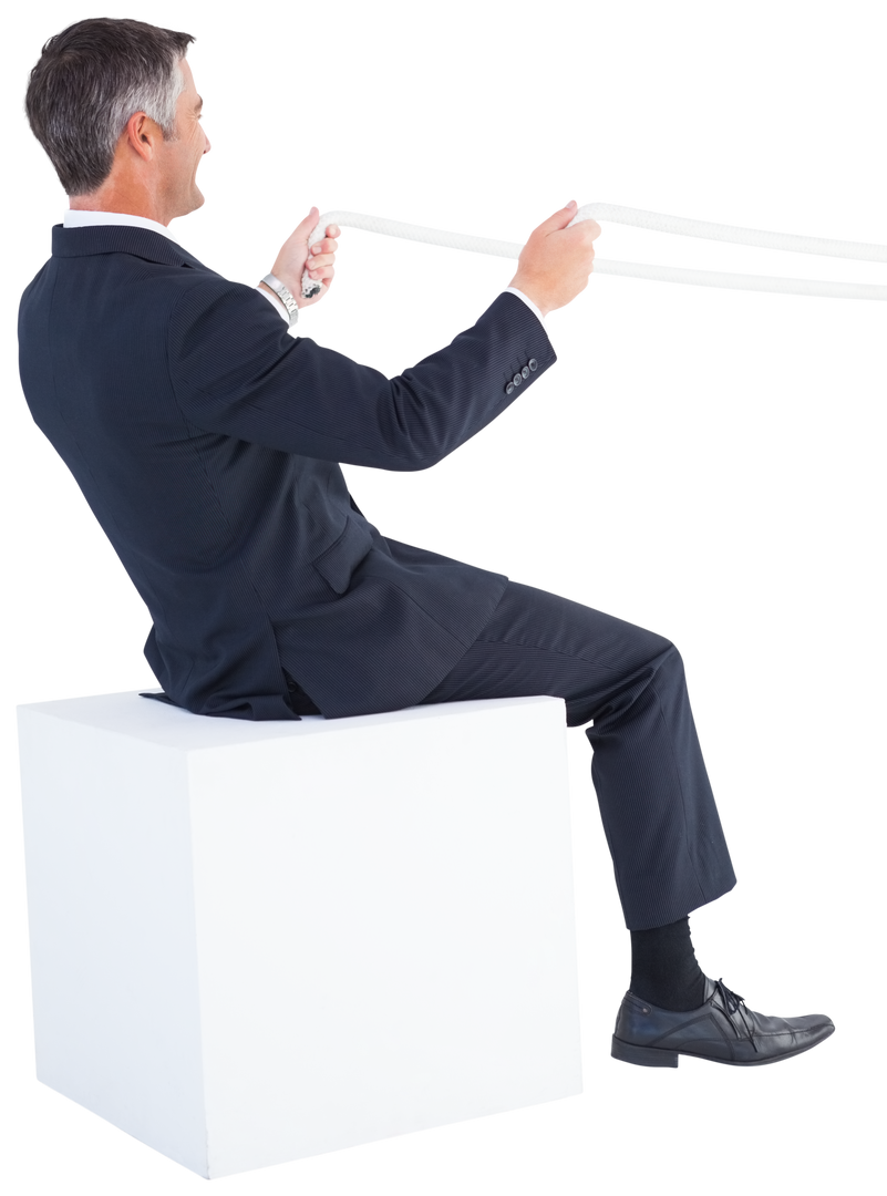 Businessman Holding Rope Sitting on Transparent Cube for Conceptual Business Challenge - Download Free Stock Images Pikwizard.com