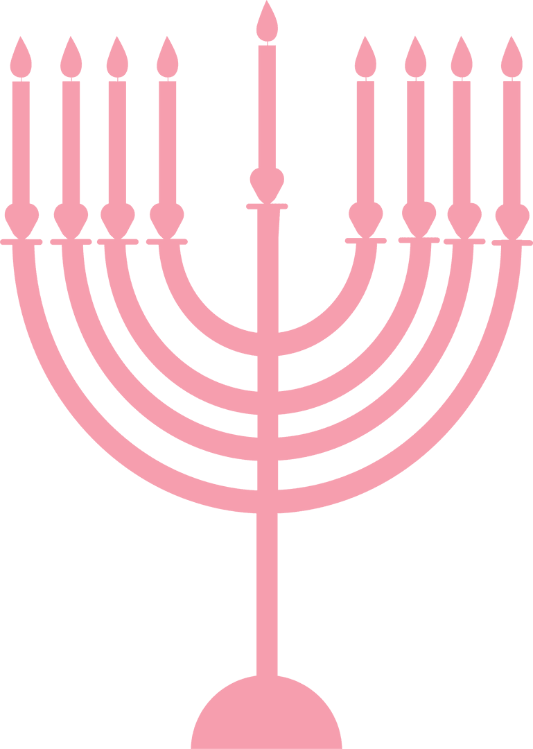 Flat Design Pink Menorah with Nine Candle Flames on Transparent Background