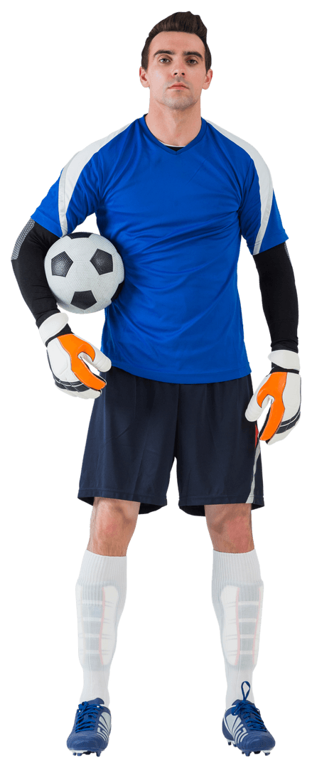 Confident Goalkeeper in Blue Jersey with Soccer Ball