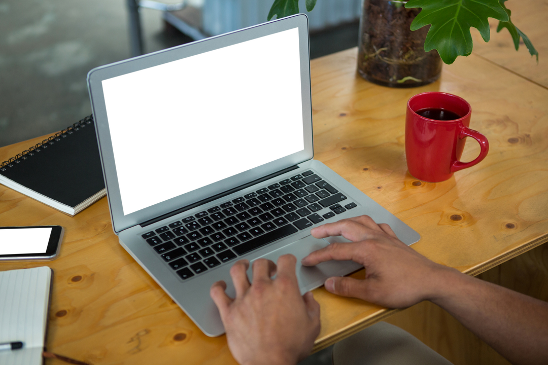 Hands Typing on Laptop with Transparent Screen and Red Mug - Download Free Stock Images Pikwizard.com