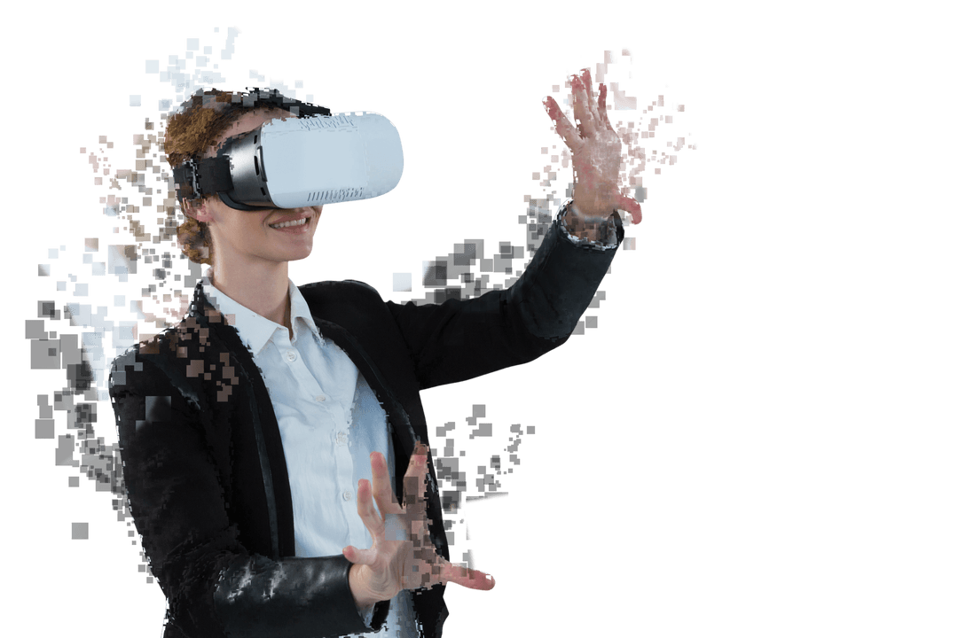 Transparent Businesswoman Smiling Using VR Glasses Excited