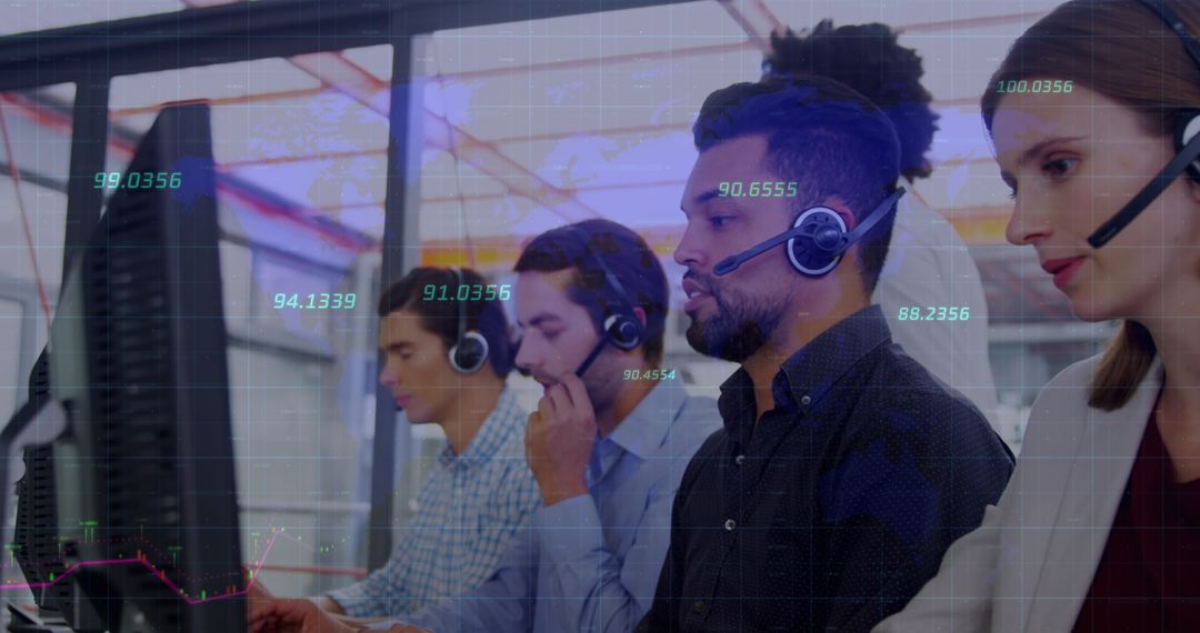 Diverse Customer Support Team with Financial Data Overlay