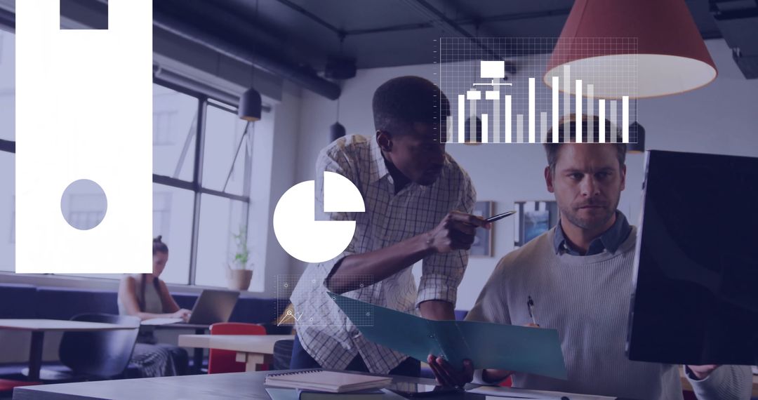 Team Collaboration and Analysis in Modern Office Space with Data Visualization