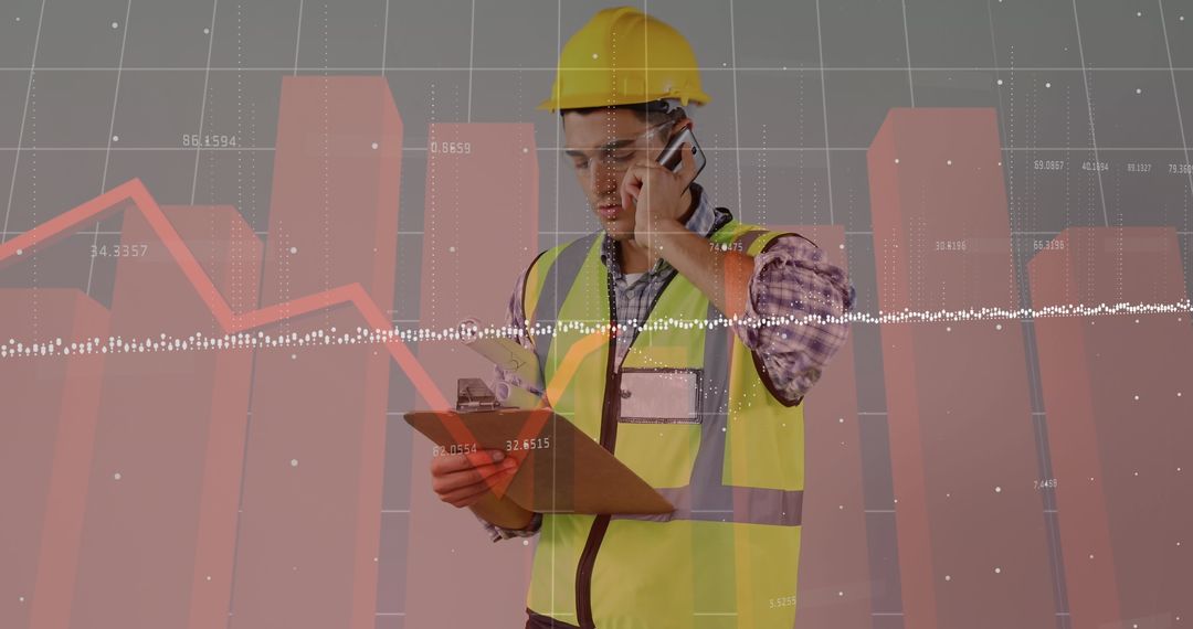 Construction Worker Analyzing Financial Decline Using Mobile Phone