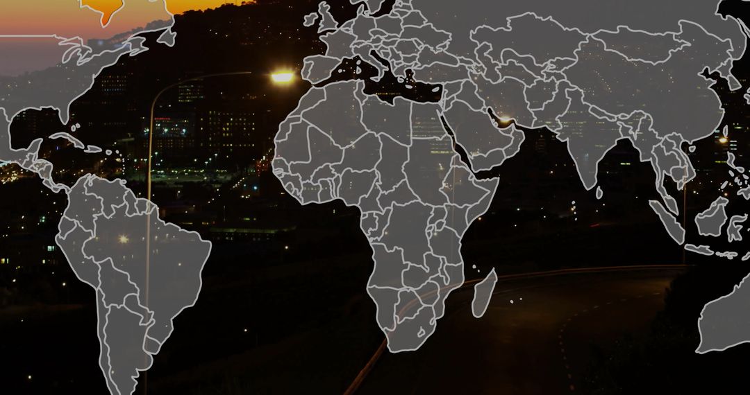 World Map Overlay on Night Cityscape for Business Technology Theme