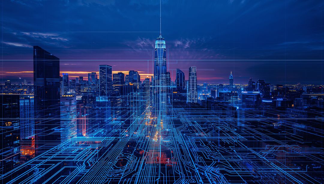 Futuristic Cityscape with Digital Circuit Grid Overlay