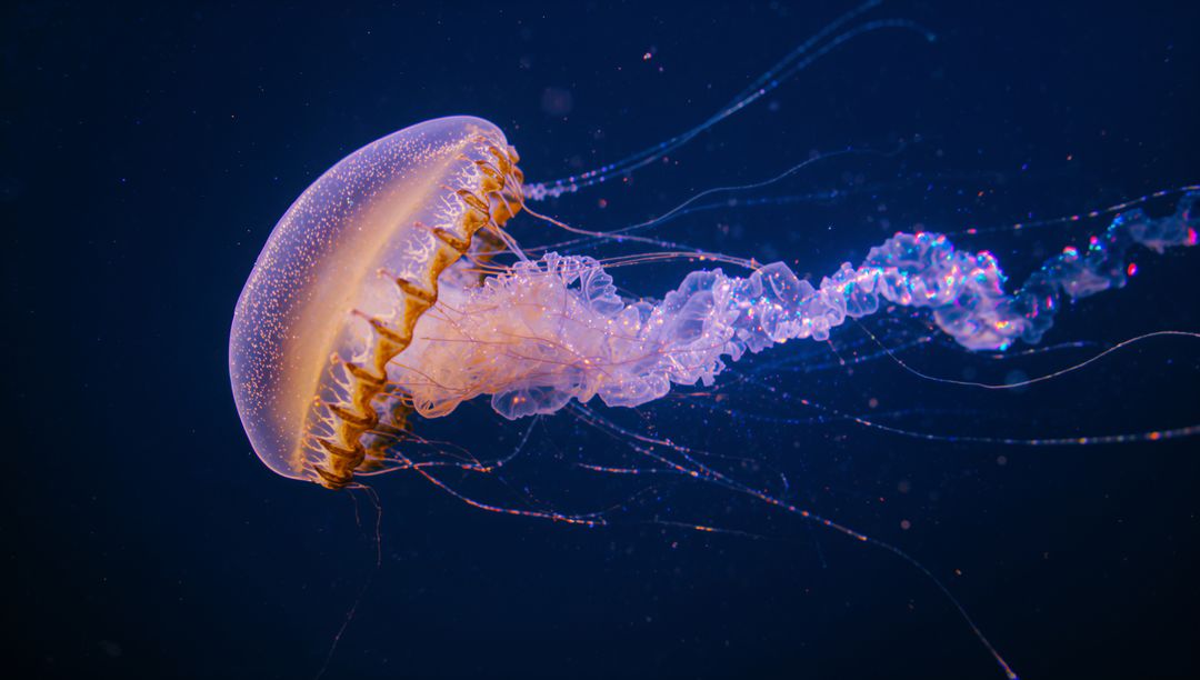 Bioluminescent Jellyfish Floating in Deep Ocean with Neon Tentacles