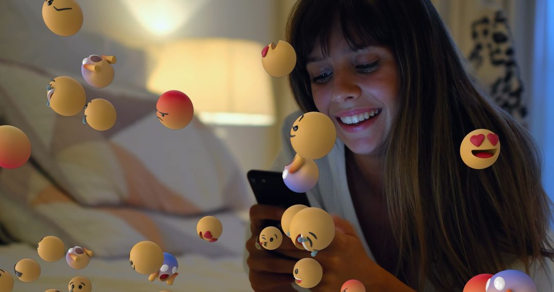 Smiling Woman Uses Smartphone with Hovering Emojis