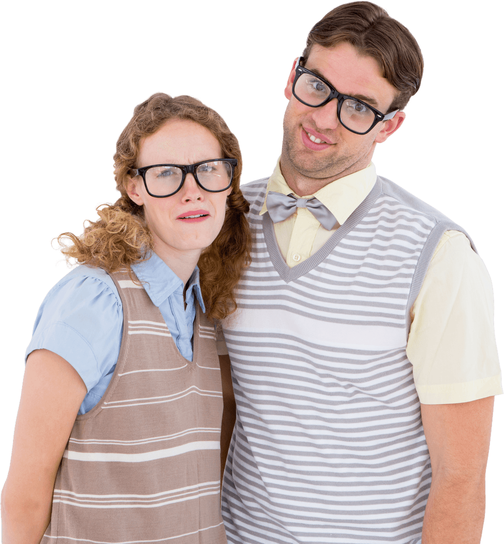 Quirky Geeky Couple Expressing Playful Happiness on Transparent Background
