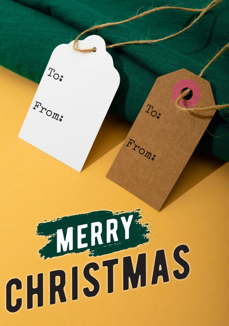Christmas Gift Tags on Yellow Background with Merry Christmas Message