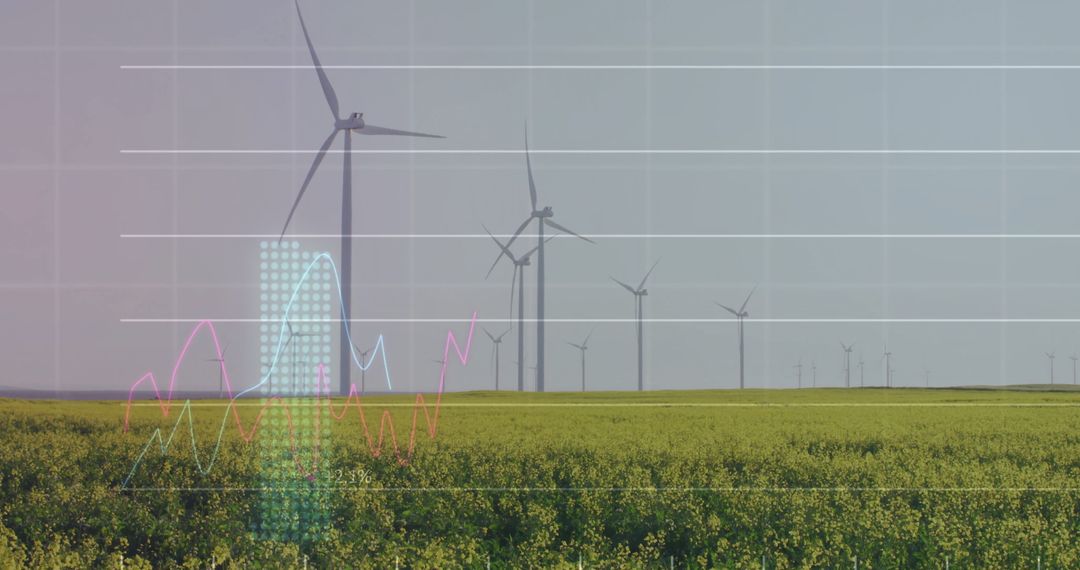 Renewable Energy Wind Turbines with Superimposed Financial Data Graphs