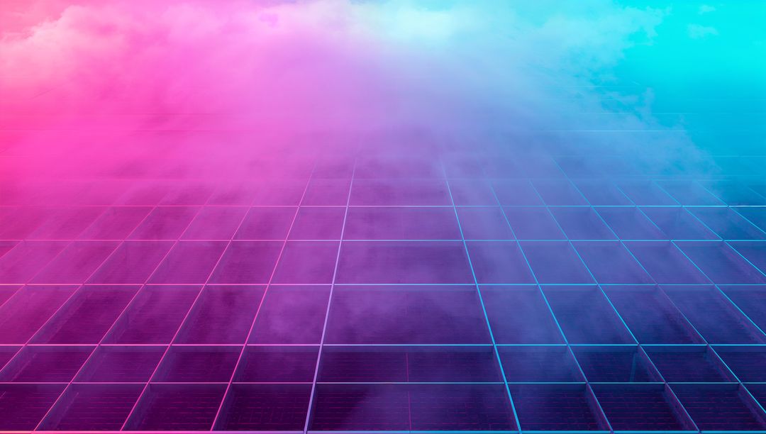 Neon Grid Horizon with Magenta-to-Cyan Fog, Futuristic Synthwave Glossy Tiles
