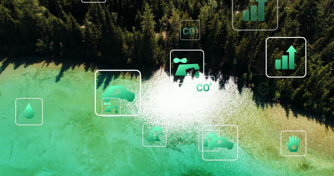 Aerial View with Sustainable Infographics Over Forest and Lake