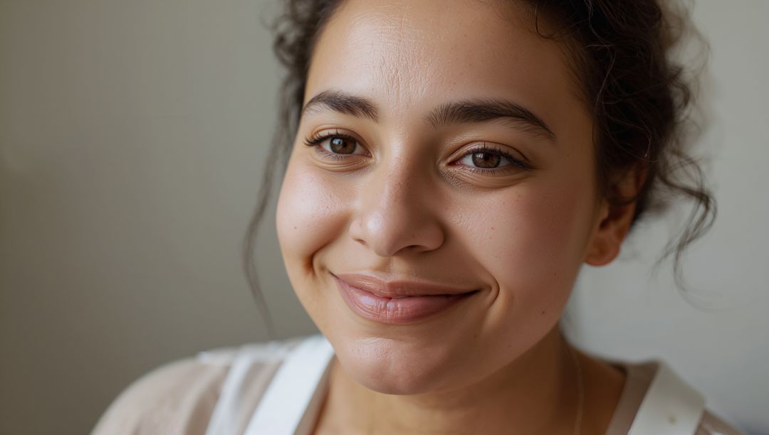 Smiling young woman looking right in soft natural light closeup portrait with warm tone