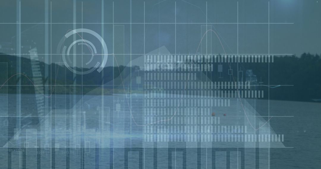 Digital Finance Graphs Overlaying Serene Lake Landscape