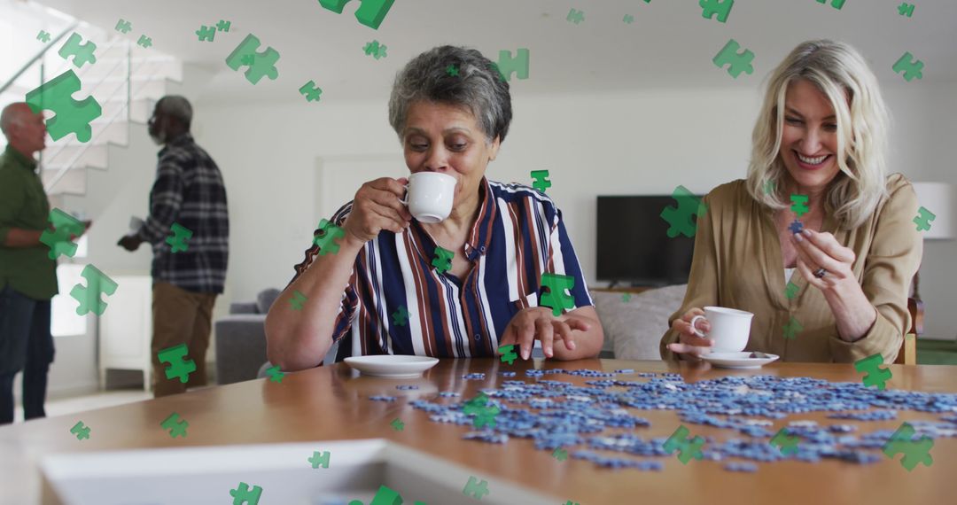 Seniors Engaging in Puzzle Activity with Friends in Social Setting