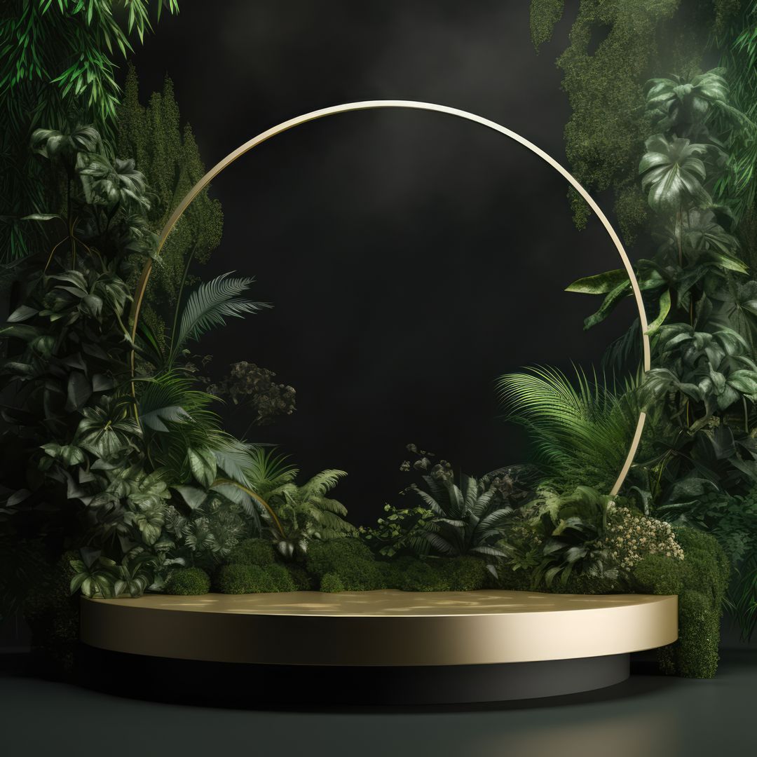 Luxurious Green Foliage Backdrop with Golden Circular Frame and Platform - Free Images, Stock Photos and Pictures on Pikwizard.com