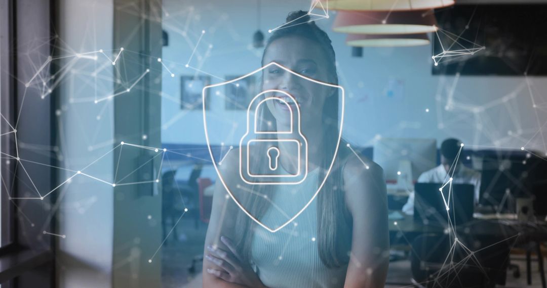 Businesswoman Embracing Digital Security in Tech-Enriched Office