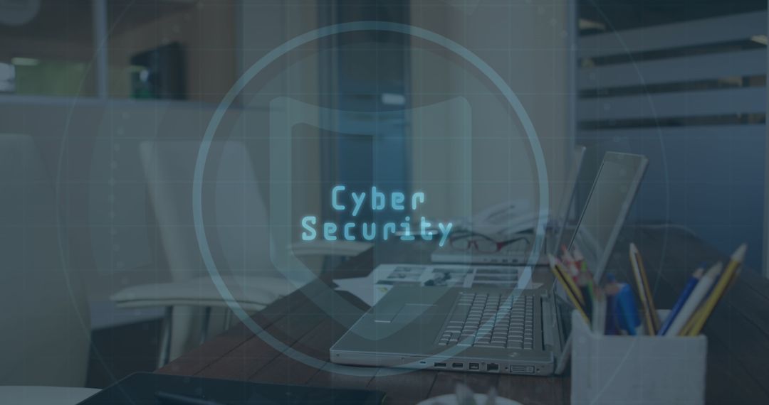 Modern Office with Cybersecurity Hologram Emphasizing Digital Security