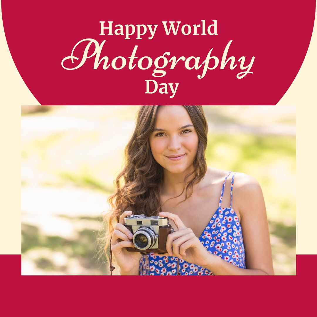 World Photography Day Celebration with Smiling Woman Holding Camera in Sun - Download Free Stock Templates Pikwizard.com