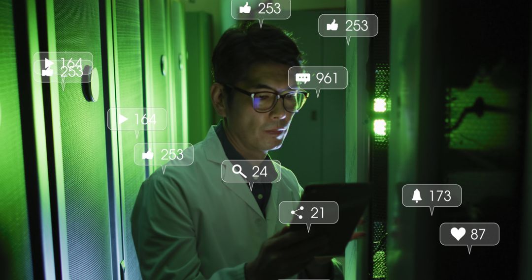 Scientist Monitoring Social Media Statistics in Data Center - Free Images, Stock Photos and Pictures on Pikwizard.com