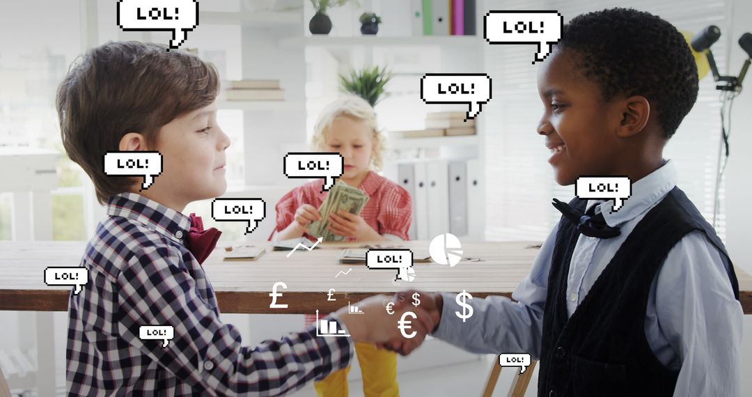 Schoolchildren Shaking Hands with Digital Business Icons and Laughing Emojis