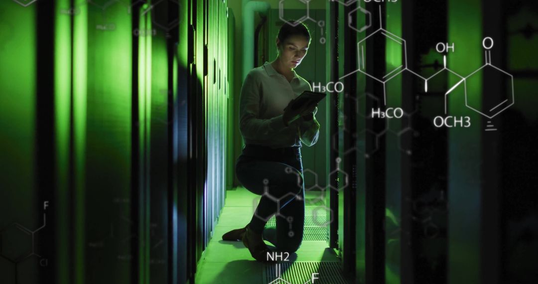 Female IT Technician Analyzing Data in Server Room with Chemical Diagrams