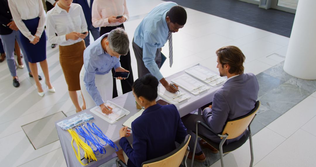 Business Professionals Registering at Conference Check-In Desk