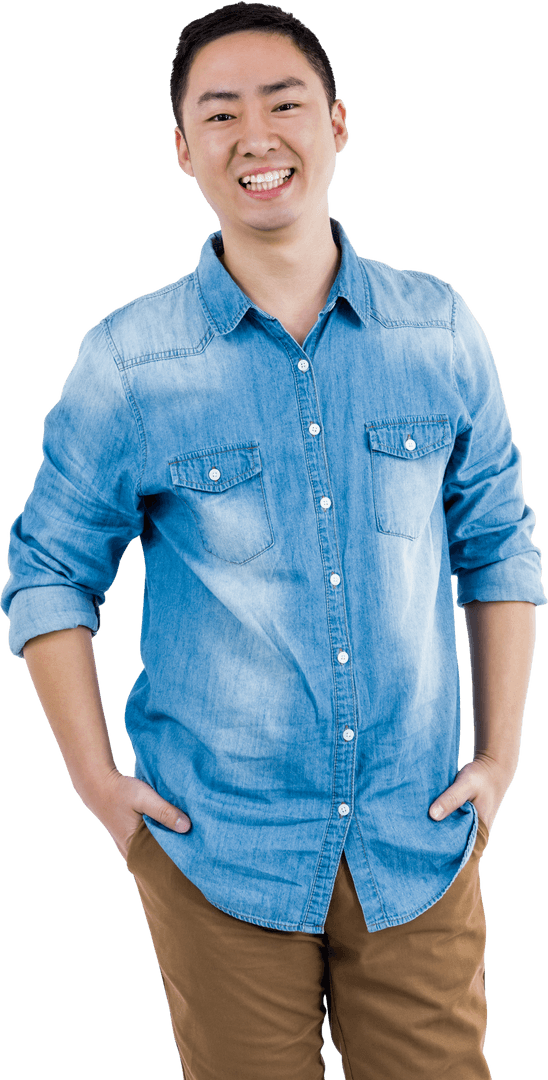 Confident Smiling Man in Denim Shirt on Transparent Background