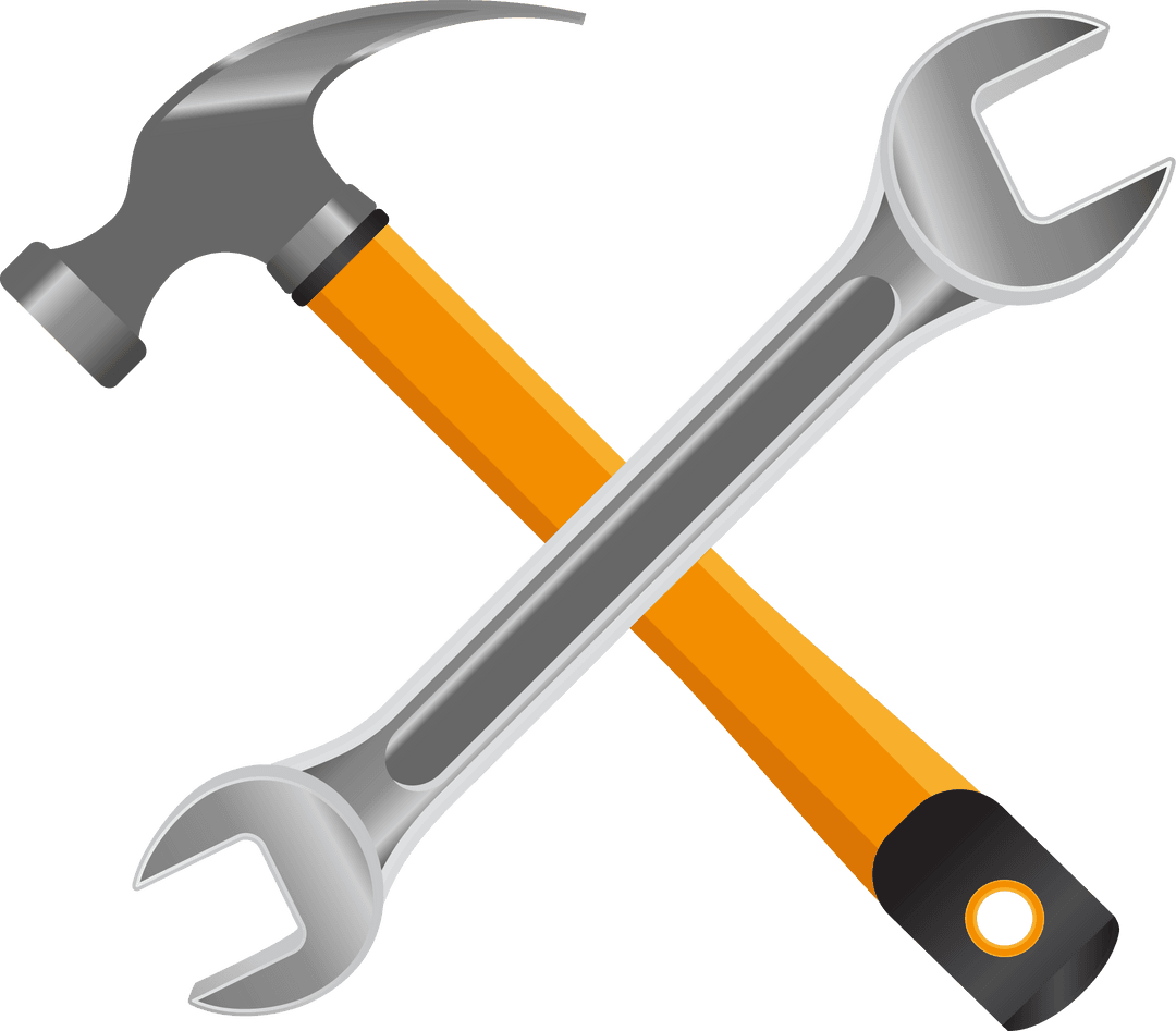 Glossy Crossed Hammer and Wrench on Transparent Background