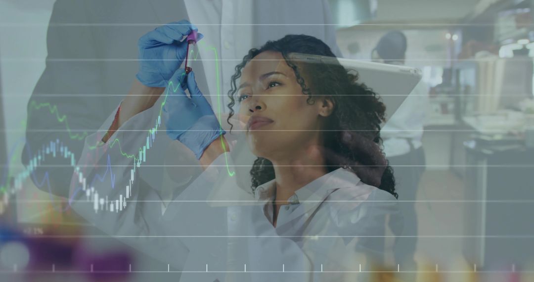 Laboratory researcher holding vial and analyzing sample with data chart overlay