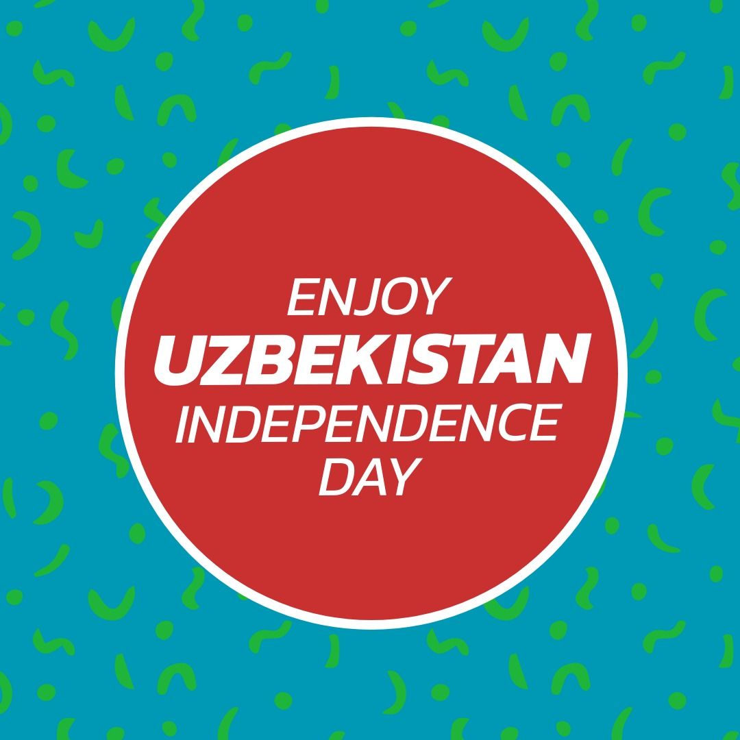 Image of enjoy uzbekistan independence day in red circle over blue background with green waves - Download Free Stock Templates Pikwizard.com