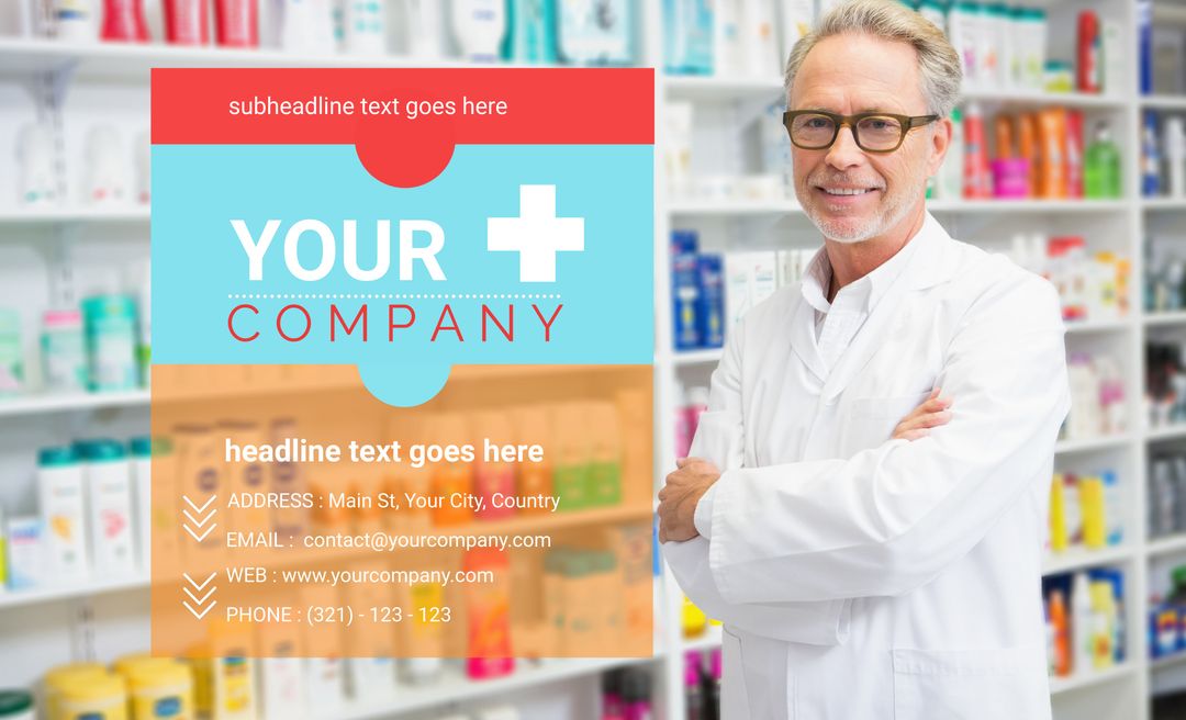 Confident Pharmacist Standing in Pharmacy with Template for Healthcare Ads - Download Free Stock Templates Pikwizard.com