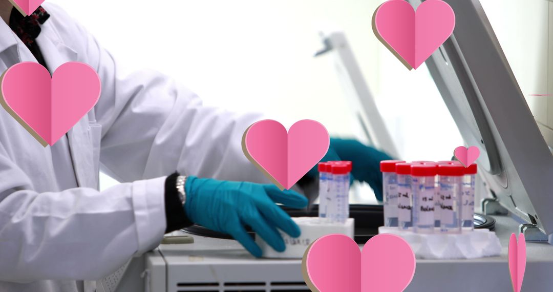 Scientist in Lab with Heart Illustrations Showing Innovation and Passion