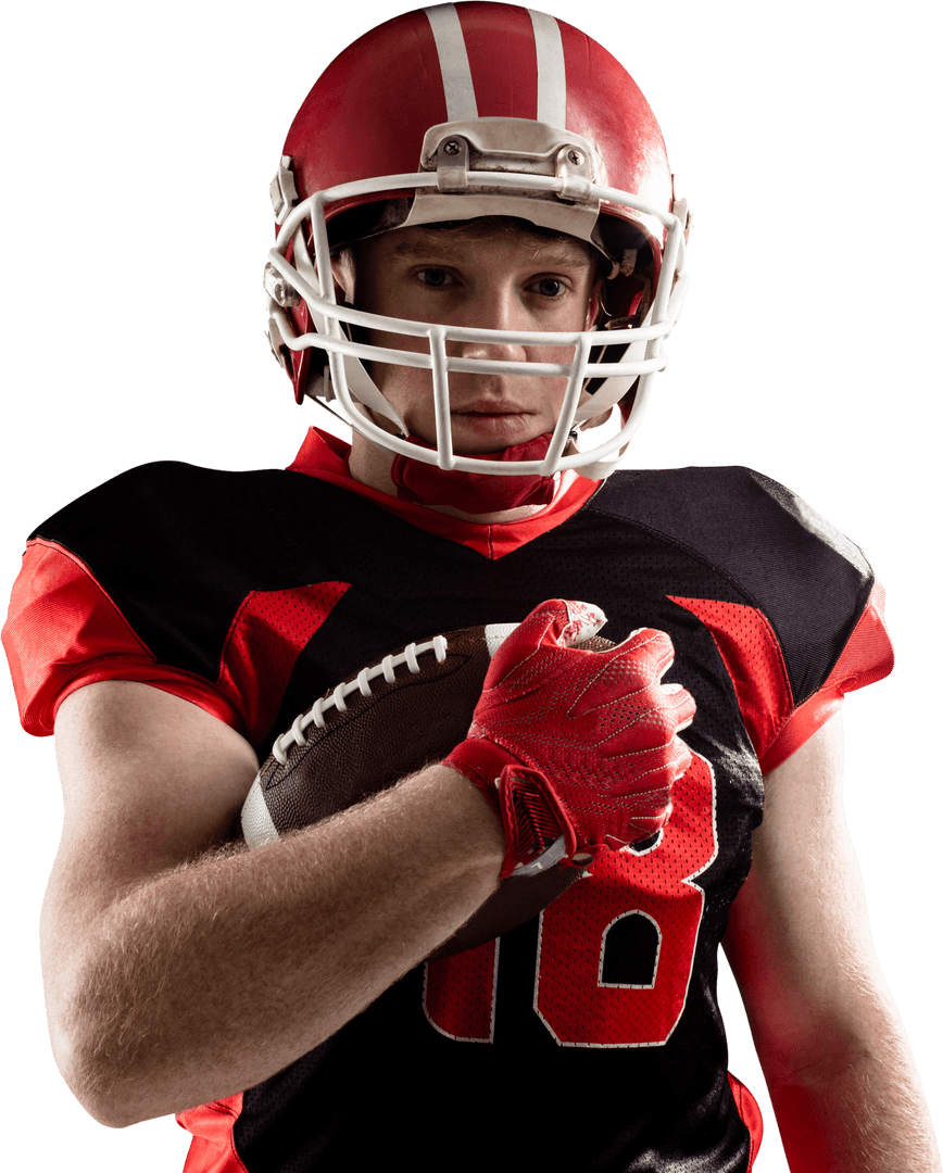 Determined Young Football Player Holding Ball on Transparent Background